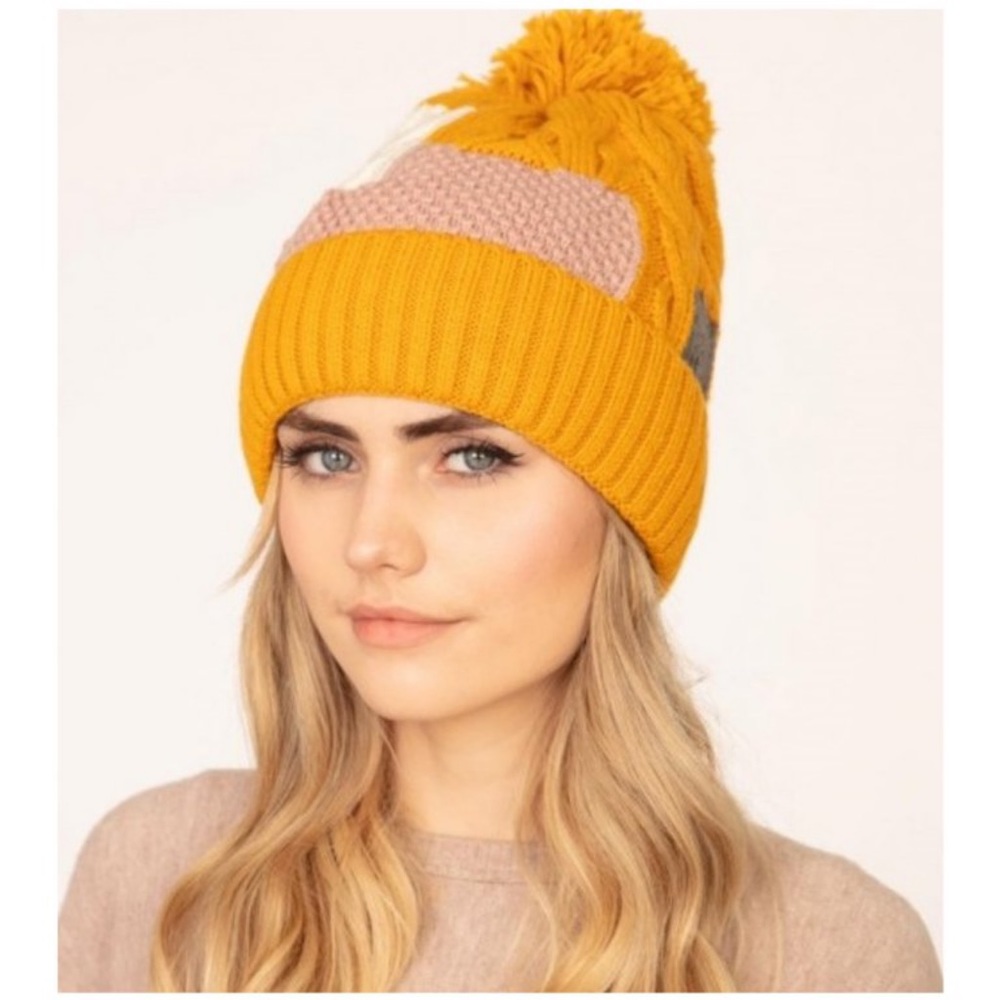 Styline Yellow and Pink Color Block Pom Hat